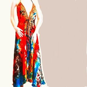 **LAST ONE***MANISH VAID- Tie Dye Silky Rayon Cry.Emb. Hi-Lo Dress OS NWT WoW***